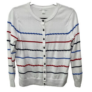 Charter Club White Button Front‎ Cardigan Texture Stripe Red Blue Prep Coastal M